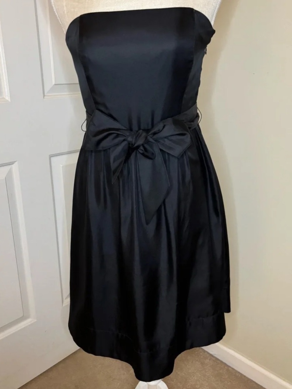 White House Black Market Strapless Black Satin Dress with Waist Tie